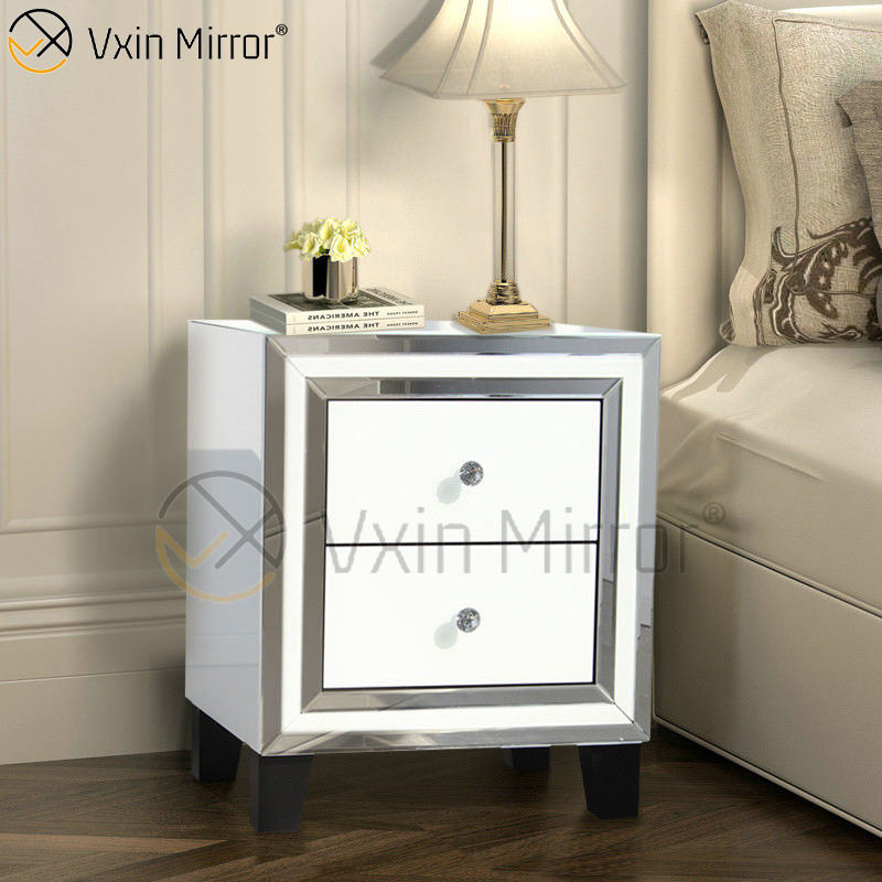 Hot Sale Home White Glass Furniture 2 Drawers Mirrored Cabinet Chest  Venta caliente Muebles de vidrio blanco 2 cajones Cofre de gabinete espejo